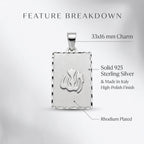 Feature diagram of Italian 925 silver Allah pendant showing 33 × 16 mm dimensions, raised lettering and rhodium plating.