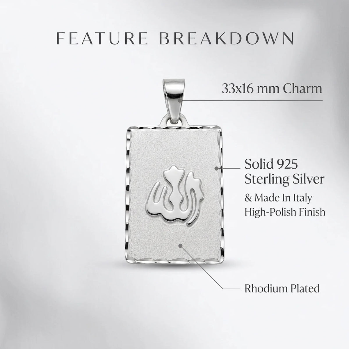 Feature diagram of Italian 925 silver Allah pendant showing 33 × 16 mm dimensions, raised lettering and rhodium plating.