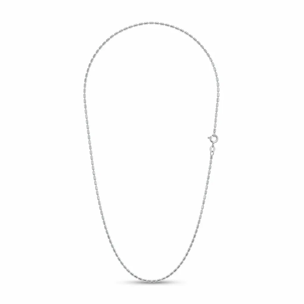 Italian-made 925 sterling silver fine bar-link chain with small elongated links, arranged against a white background.