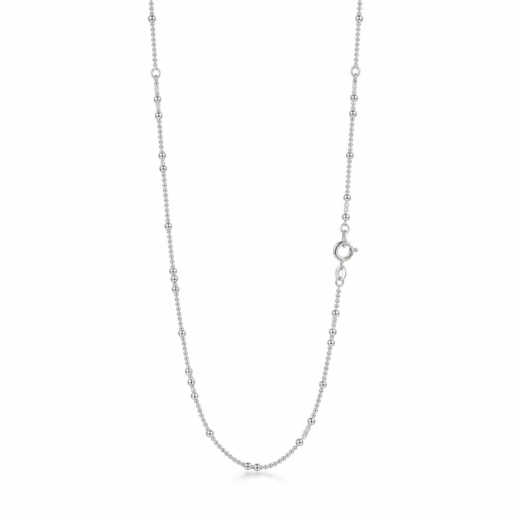 Italian-made 925 sterling silver beaded satellite chain with regularly spaced larger polished bead accents and a spring-ring clasp on white.