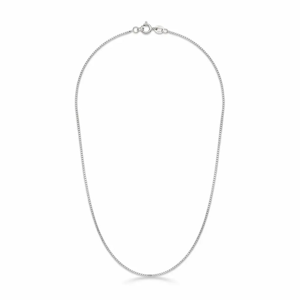 Italian-made 925 sterling silver 1mm box chain with bright polish and spring-ring clasp on a white background.