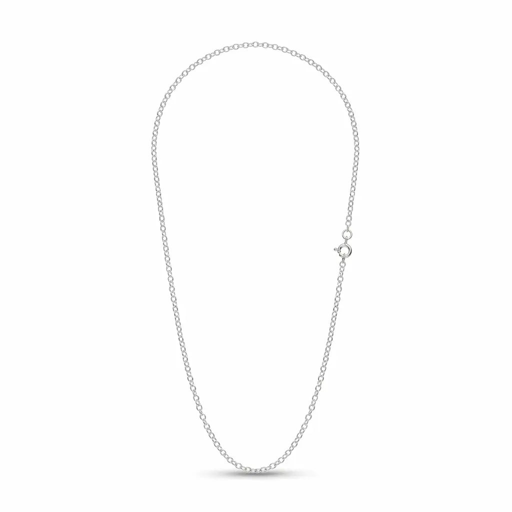 Italian-made 925 sterling silver oval cable chain with fine elongated links and a spring-ring clasp, photographed on white.