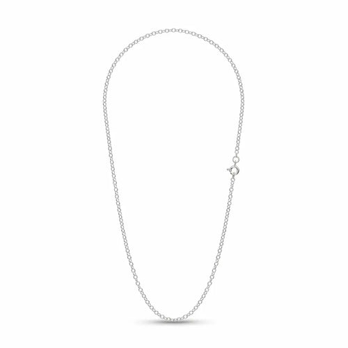 Italian-made 925 sterling silver oval cable chain with fine elongated links and a spring-ring clasp, photographed on white.