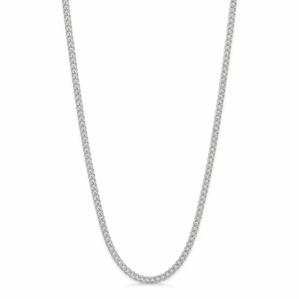 Close view of a 925 sterling silver double-link curb chain showing paired interlocking links and bright polished surface.