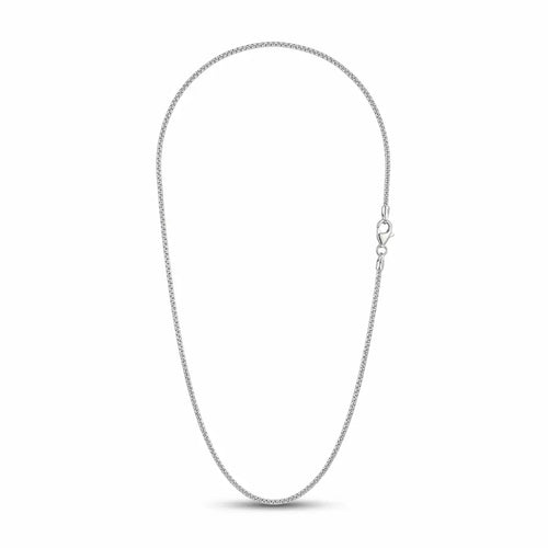 Italian-made 925 sterling silver fine popcorn chain with closely textured links and lobster clasp, shown on white.
