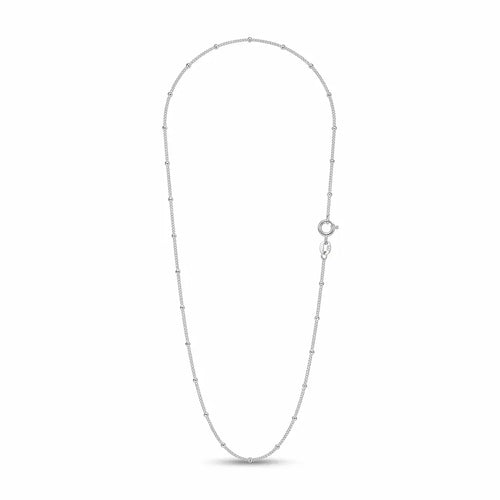 Italian-made 925 sterling silver fine satellite chain with spaced polished beads and a spring-ring clasp on white.