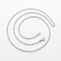Italian-made 925 sterling silver paperclip chain with elongated rectangular links and spring-ring clasp, arranged on white.