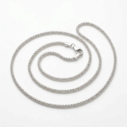 Italian-made 925 sterling silver round popcorn chain with closely textured links and lobster clasp against a white background.