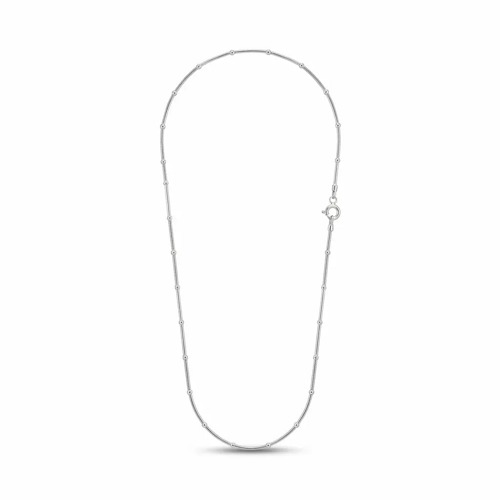 Italian 925 sterling silver satellite chain with regularly spaced round bead stations and spring-ring clasp on a white background.