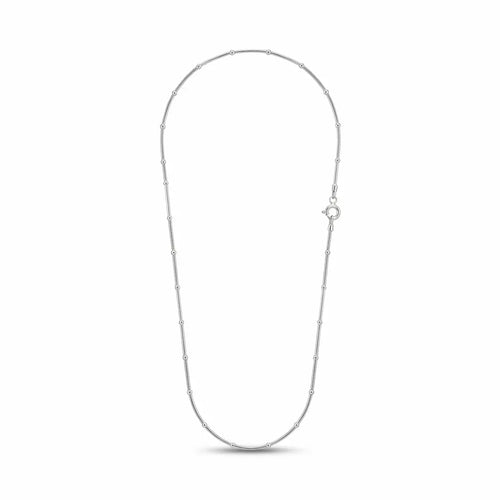 Italian 925 sterling silver satellite chain with regularly spaced round bead stations and spring-ring clasp on a white background.