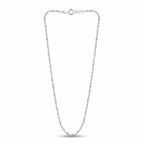 Italian 925 sterling silver Singapore chain with slender twisted links and spring-ring clasp arranged on white.