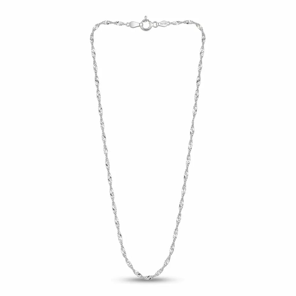 Italian 925 sterling silver Singapore chain with slender twisted links and spring-ring clasp arranged on white.