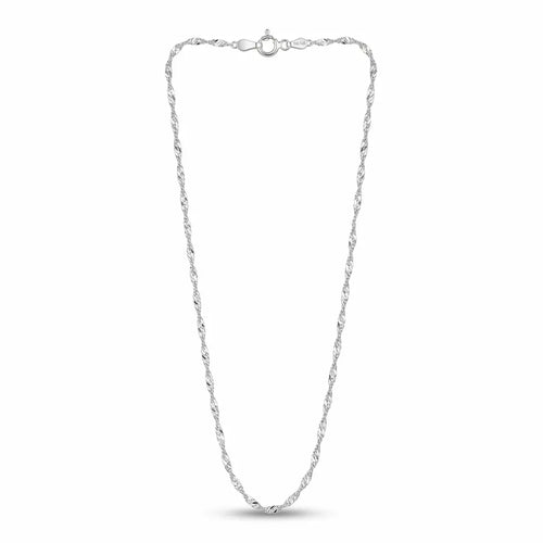 Italian 925 sterling silver Singapore chain with slender twisted links and spring-ring clasp arranged on white.