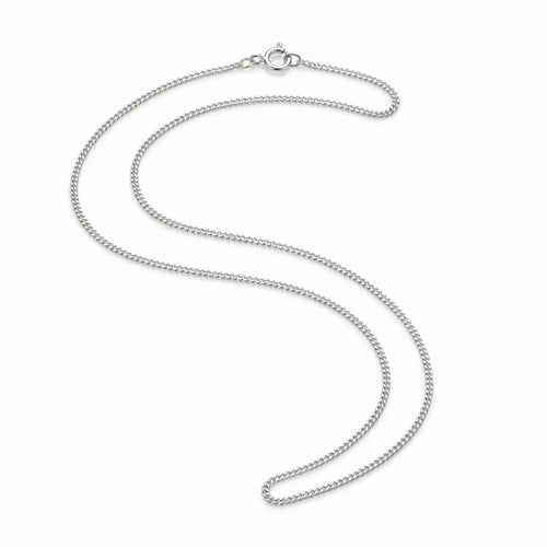Fine Italian-made 925 sterling silver curb-style chain with polished, closely interlocking links and a spring-ring clasp on white.