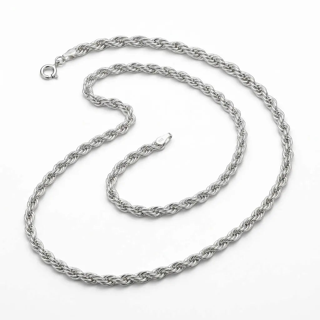 Italian-made 925 sterling silver rope chain with intertwined spiral links, mirror-polished finish and spring-ring clasp.