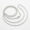 Fine 925 sterling silver rope chain arranged on a white background, showing its closely twisted links and lobster clasp.