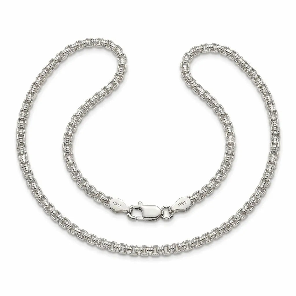 Italian 925 sterling silver round box chain with textured links, mirror polish, lobster clasp and Italy-marked end fittings.