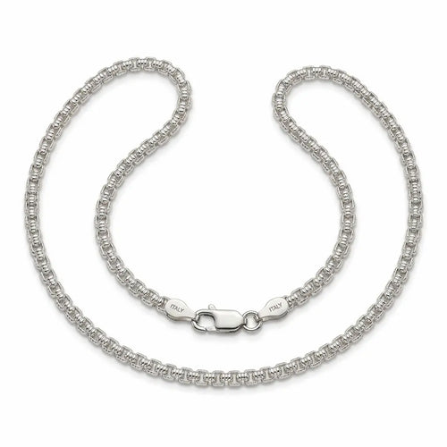 Italian 925 sterling silver round box chain with textured links, mirror polish, lobster clasp and Italy-marked end fittings.
