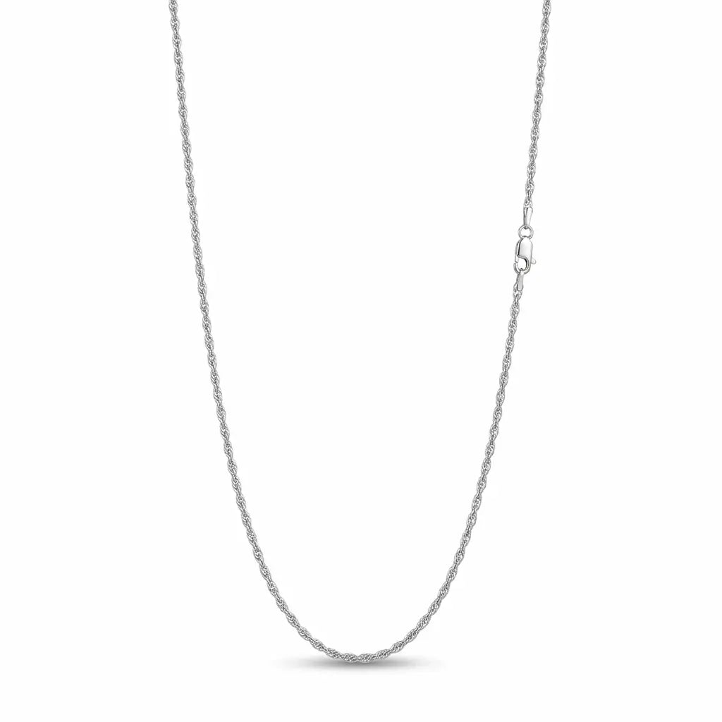 Rhodium-plated 925 sterling silver fine rope chain with intertwined links and a lobster clasp on white.