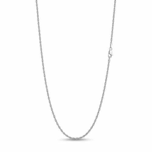 Rhodium-plated 925 sterling silver fine rope chain with intertwined links and a lobster clasp on white.
