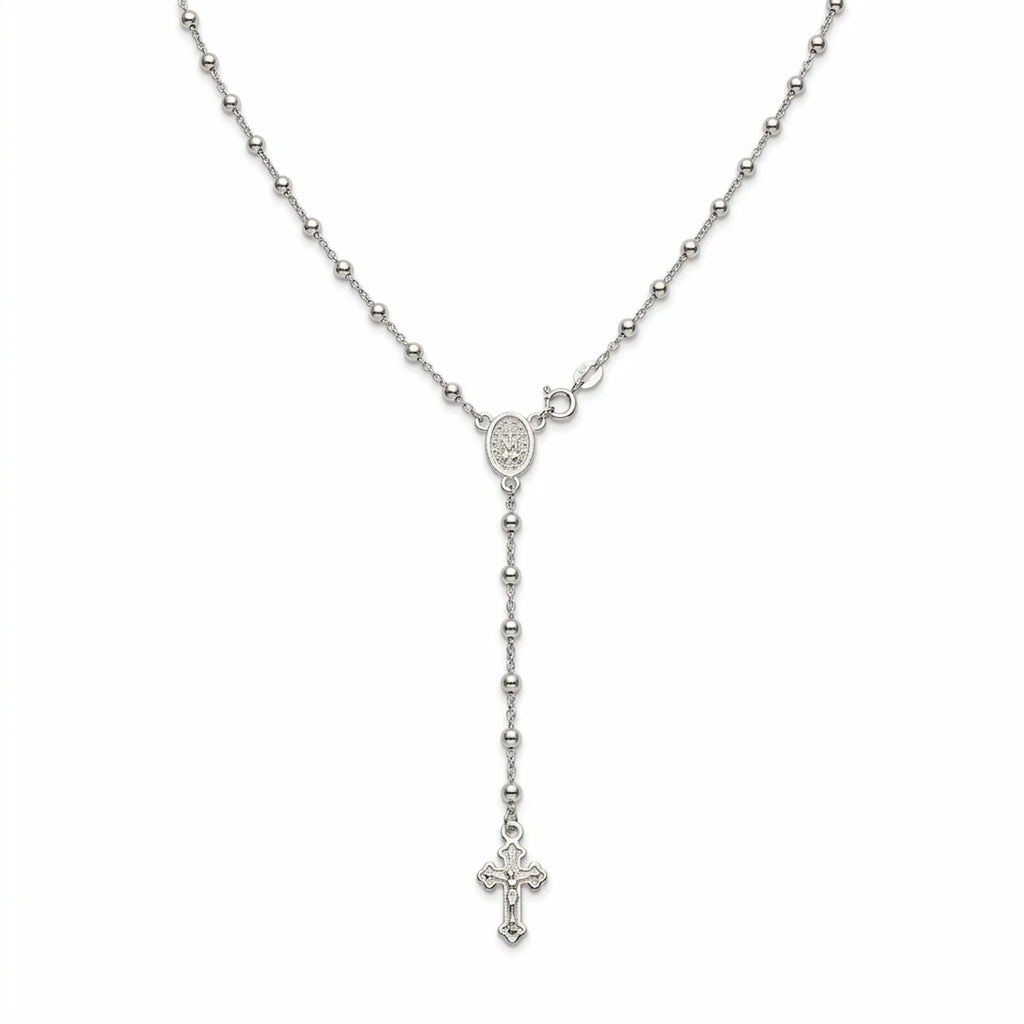 Italian sterling silver rosary-style Y necklace with polished round beads, oval Miraculous Medal and decorative crucifix on white background.
