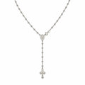 Italian sterling silver rosary-style Y necklace with polished round beads, oval Miraculous Medal and decorative crucifix on white background.