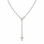 Italian sterling silver rosary-style Y necklace with polished round beads, oval Miraculous Medal and decorative crucifix on white background.