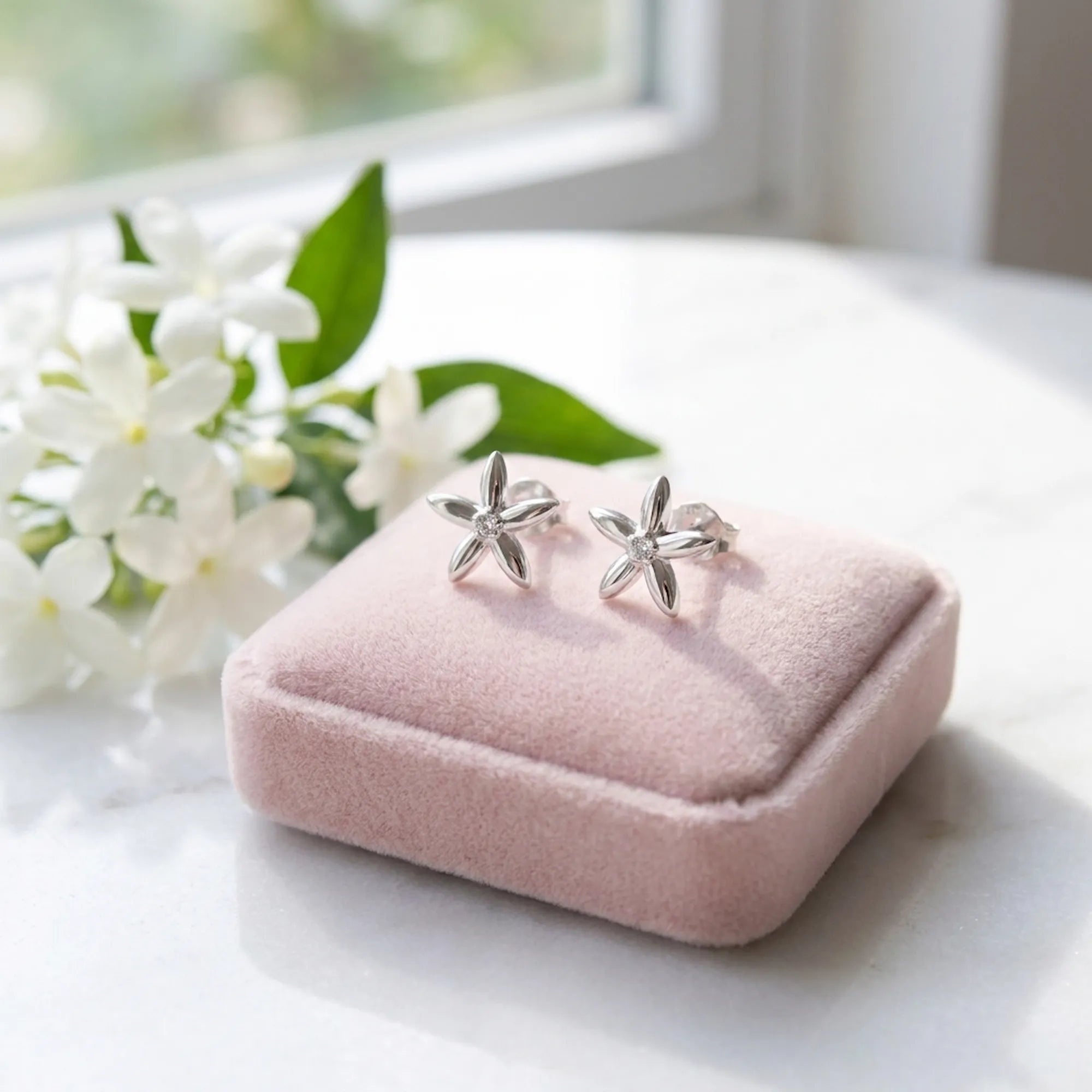 Jasmine bloom stud earrings on pink velvet gift box beside real jasmine flowers — 925 rhodium silver, Dubai