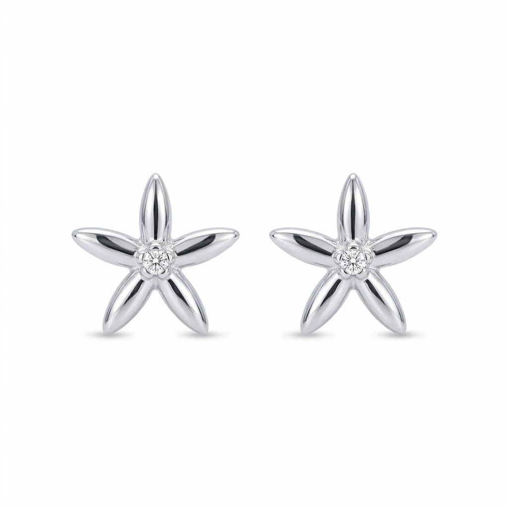 Jasmine flower stud earrings in rhodium-plated 925 sterling silver with bezel CZ centre on white background — 10.5mm pair