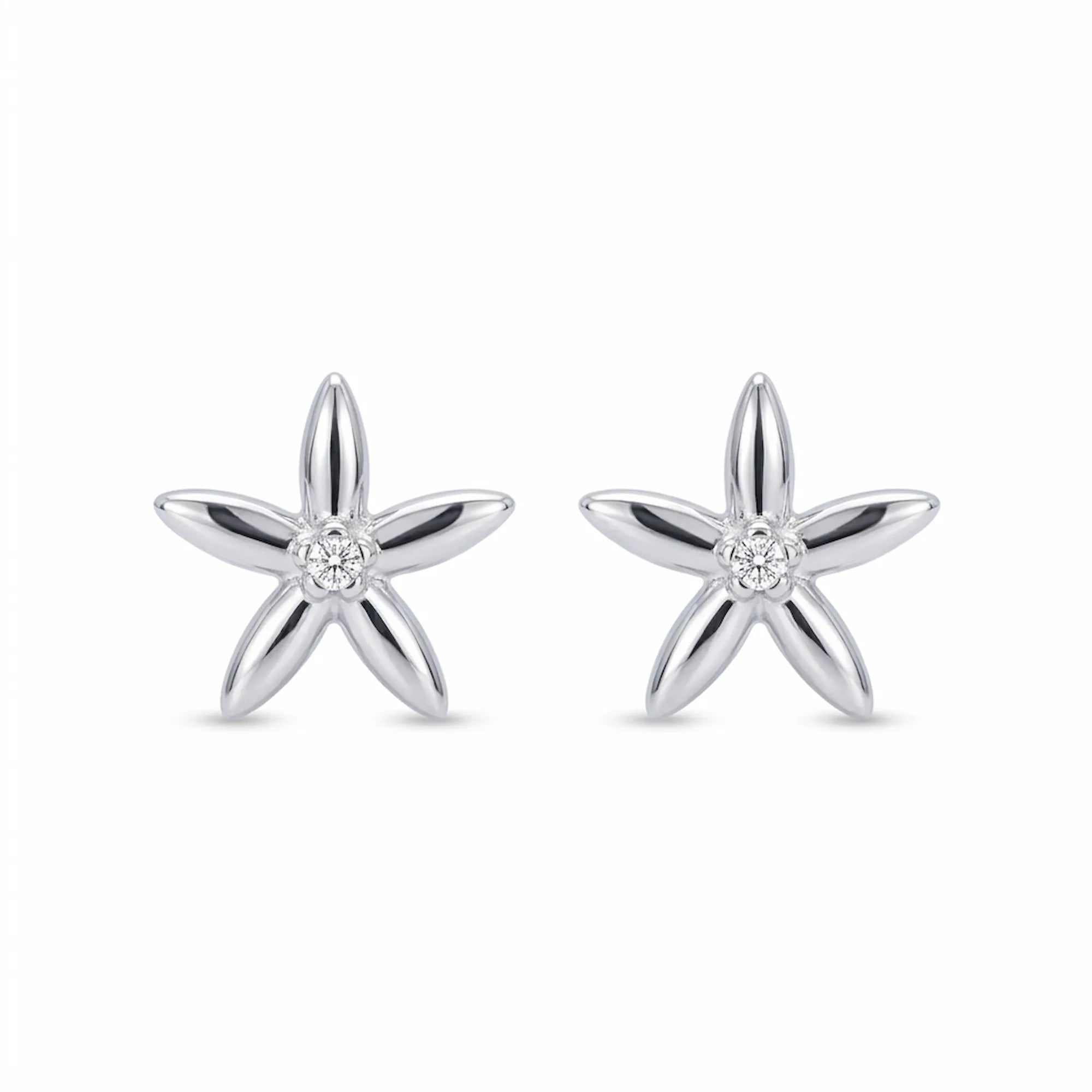 Jasmine flower stud earrings in rhodium-plated 925 sterling silver with bezel CZ centre on white background — 10.5mm pair