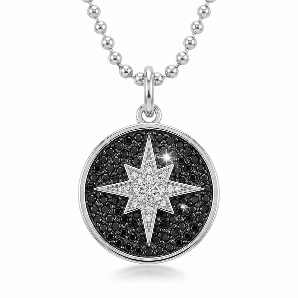 Luna Dura Polaris North Star necklace featuring 925 silver and black and white CZ stones, a top choice for jewelry dubai online.
