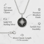 Infographic detailing Polaris necklace features including 925 silver, rhodium finish, 15.7mm charm, and 40cm chain for jewelry dubai.