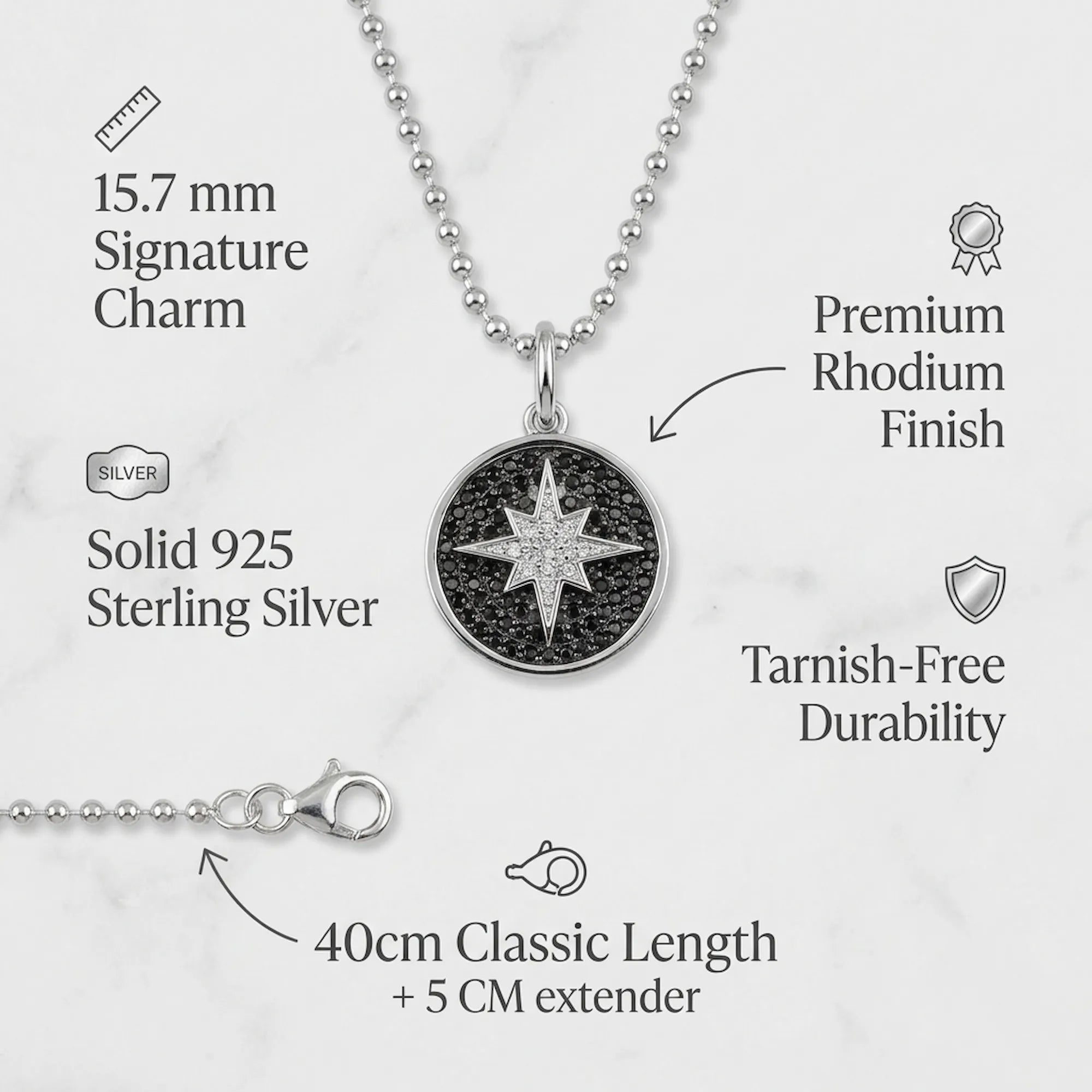 Infographic detailing Polaris necklace features including 925 silver, rhodium finish, 15.7mm charm, and 40cm chain for jewelry dubai.