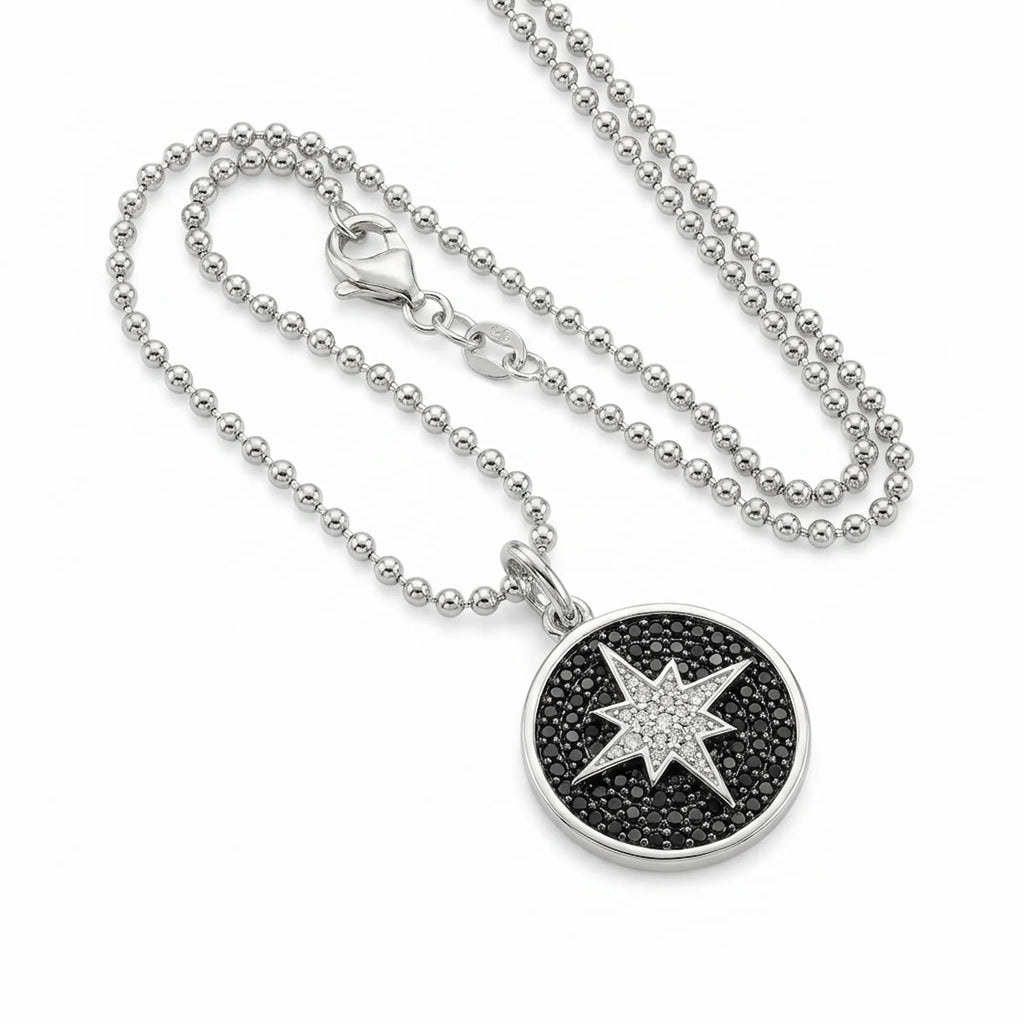 Angled view of the 925 silver Polaris necklace showing the delicate beaded chain and secure clasp for fine jewelry designs online.