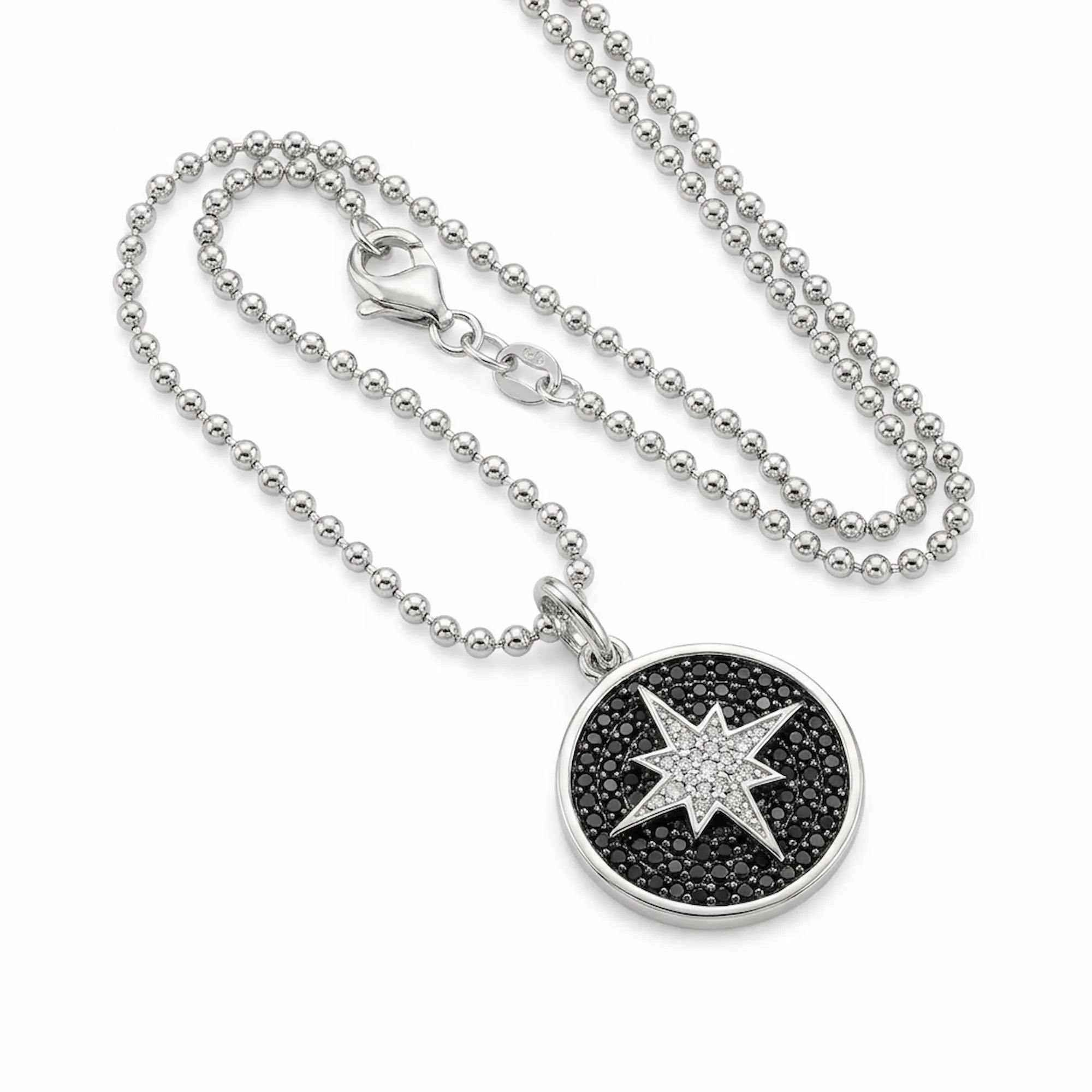 Angled view of the 925 silver Polaris necklace showing the delicate beaded chain and secure clasp for fine jewelry designs online.