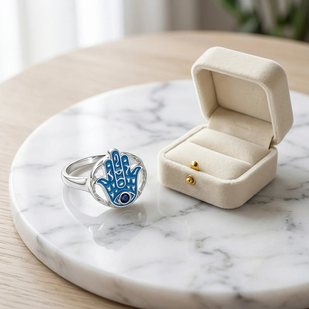 925 Sterling silver azure enamel hamsa ring with a tanzanite eye on marble beside a cream ring box Luna Dura Studio.