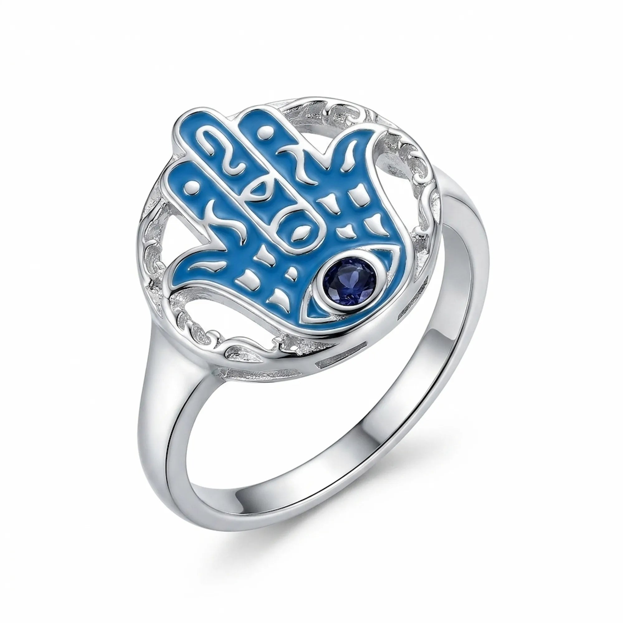 Sterling silver hamsa ring with azure enamel and a round tanzanite eye on a white background UAE.