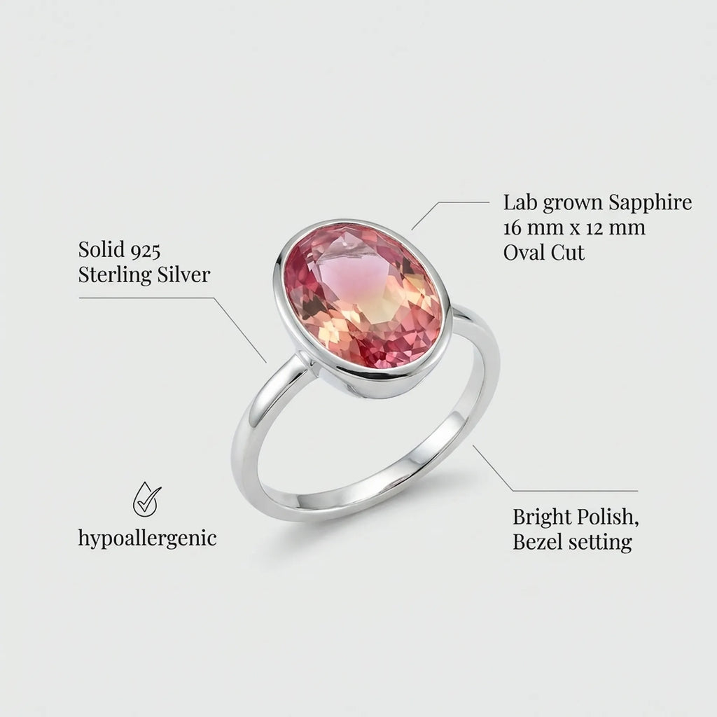 Technical infographic detailing the Lab Grown Padparadscha Sapphire Ring specs, including solid 925 sterling silver, 16x12mm oval cut, and hypoallergenic finish.