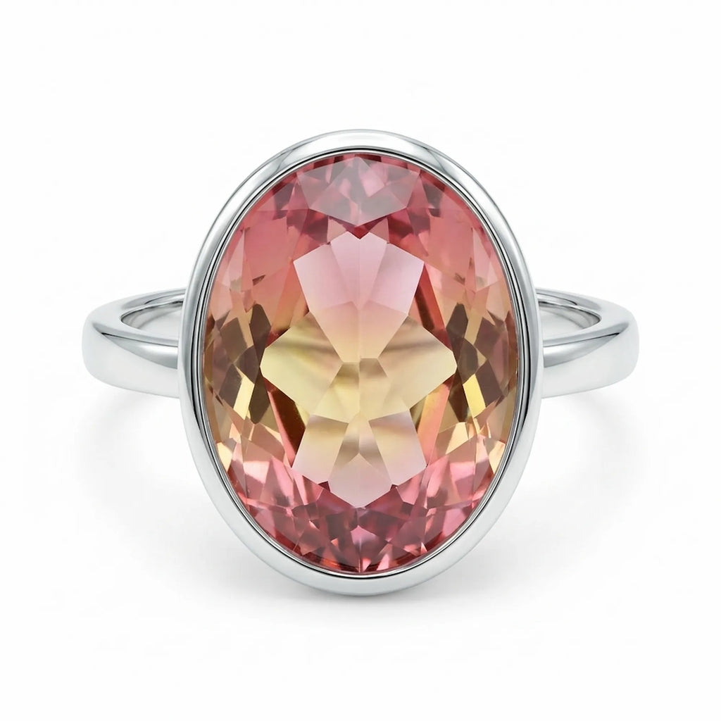 Top-down angle of the Lab Grown Padparadscha Sapphire Ring showcasing the faceted oval cut stone and bright polished 925 silver band.