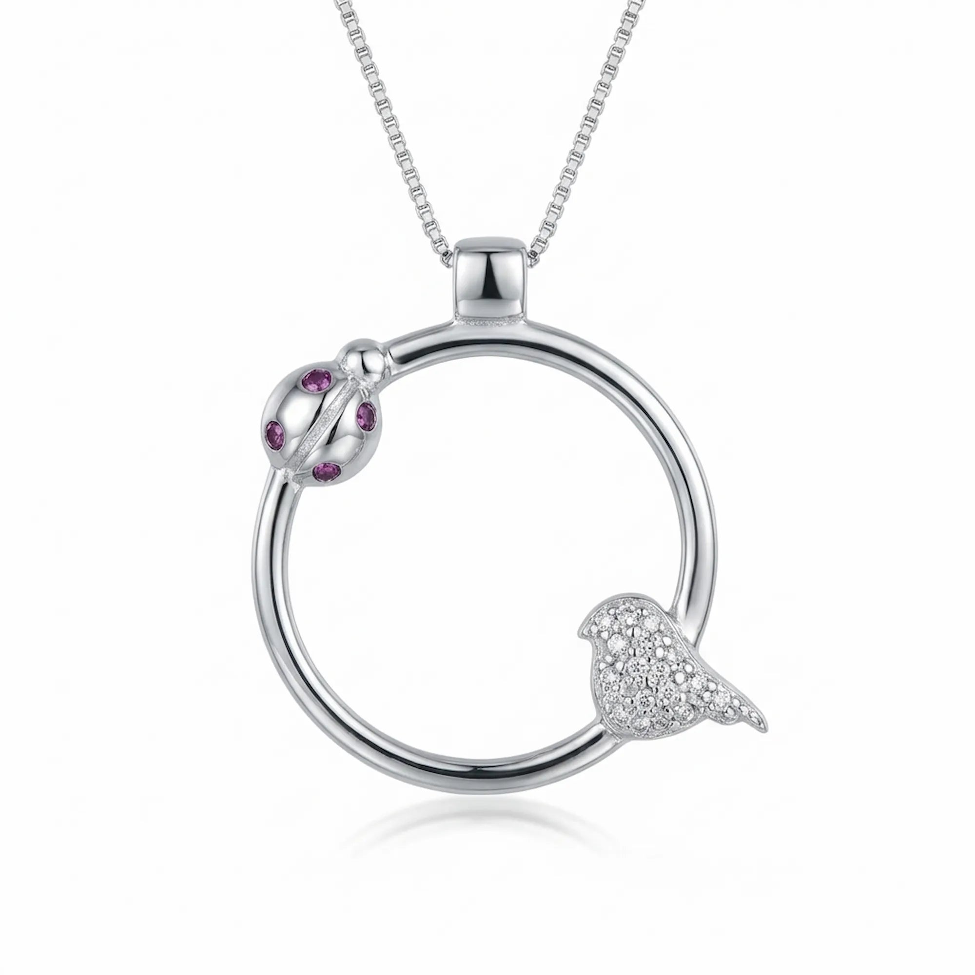 Front view of the 925 silver ladybug necklace featuring red and white CZ stones on a clean background.