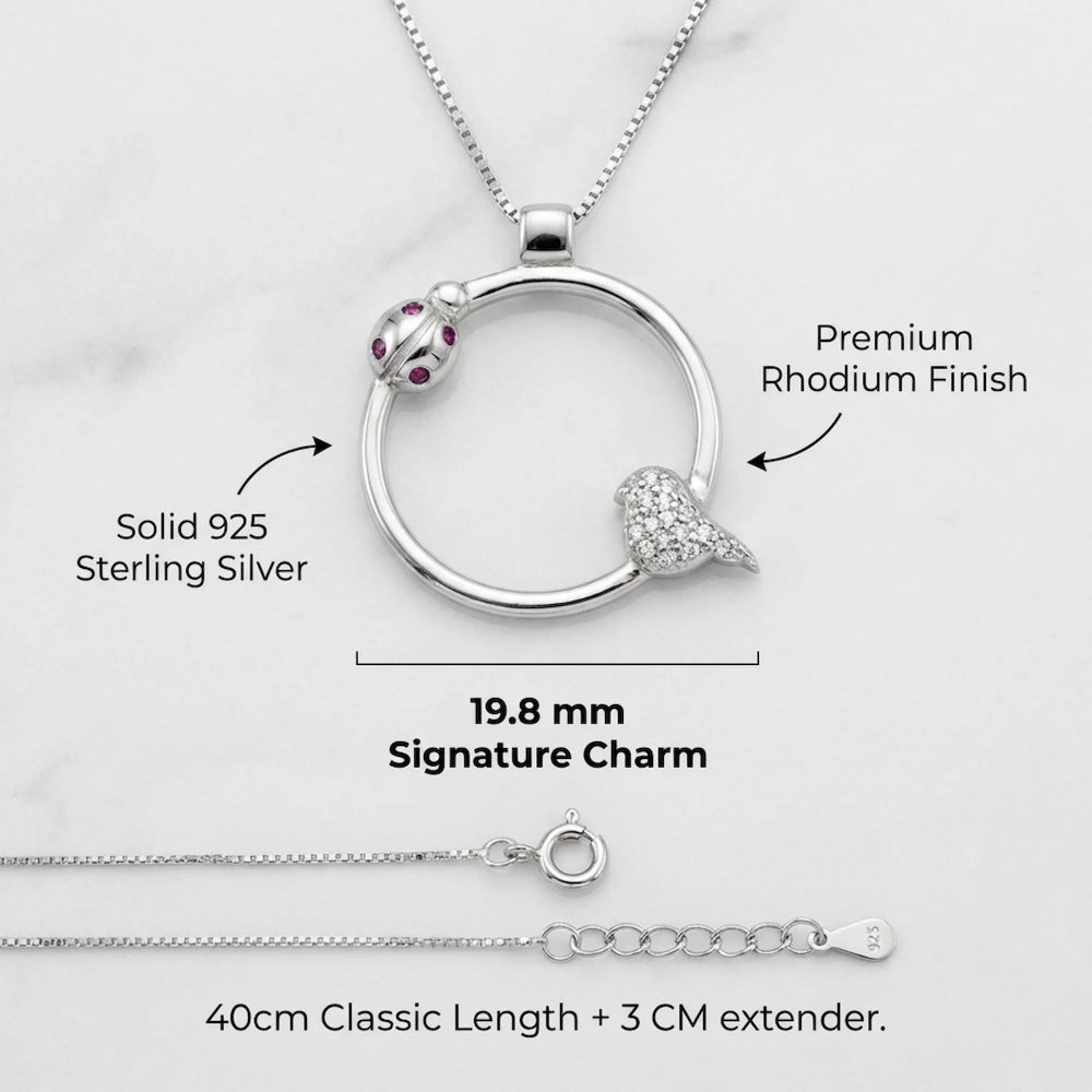 Technical breakdown of the ladybug necklace showing 40cm chain length and solid 925 silver material.