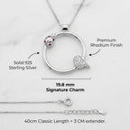 Technical breakdown of the ladybug necklace showing 40cm chain length and solid 925 silver material.