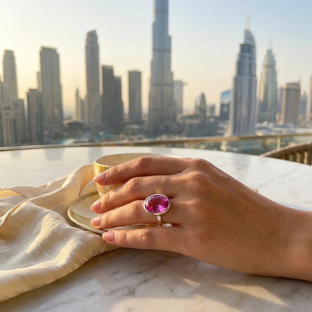 Woman wearing the Large Oval Pink Purple Quartz Ring while enjoying a coffee with the stunning Dubai downtown skyline in the background.