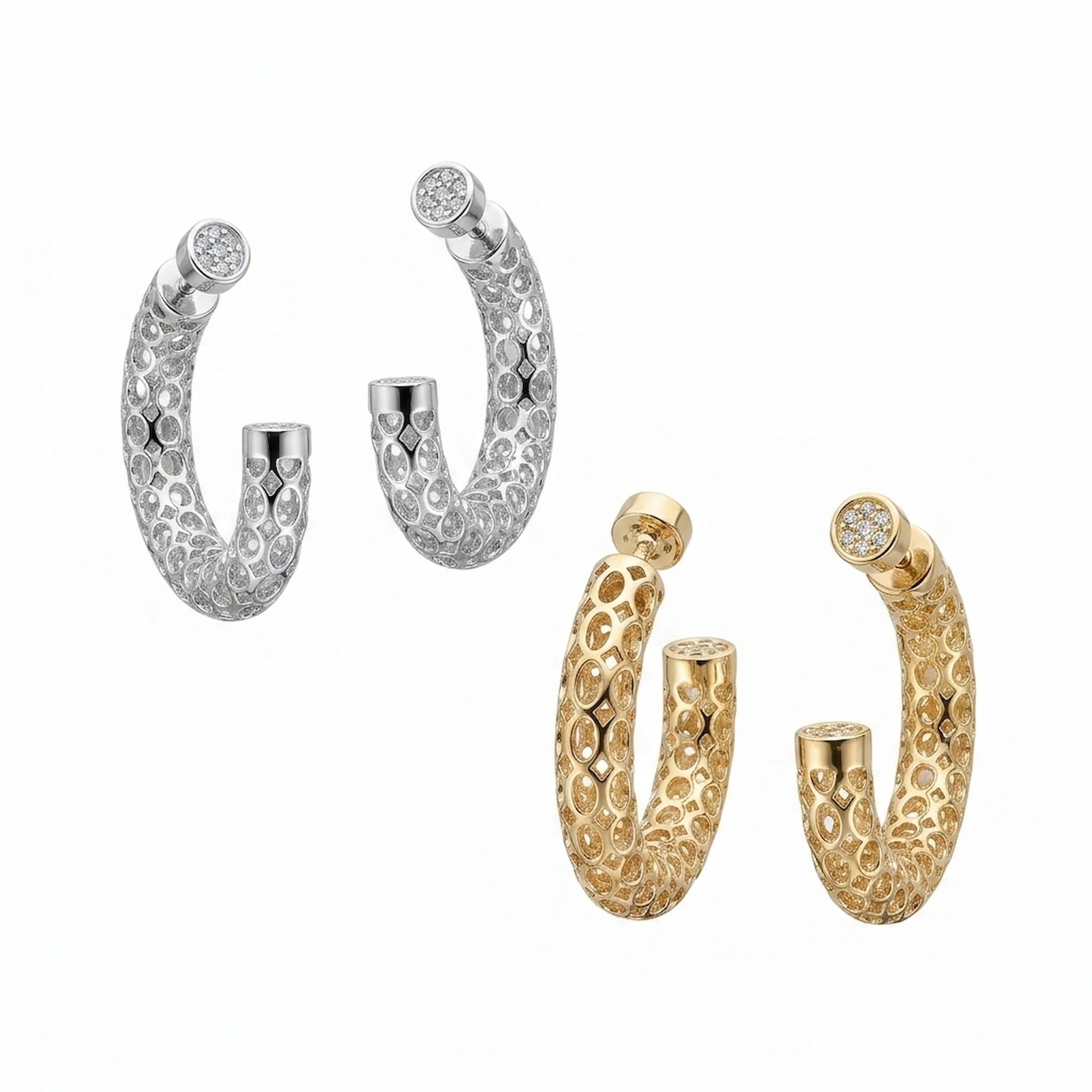 Convertible lattice hoop and stud earrings in sterling silver and gold plating with cubic zirconia, available in Dubai.