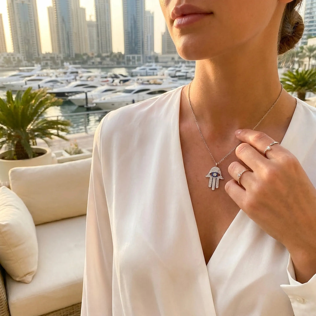 Woman wearing a necklace with a Hamsa pendant in an outdoor Dubai Marina setting with boats and buildings in the background.