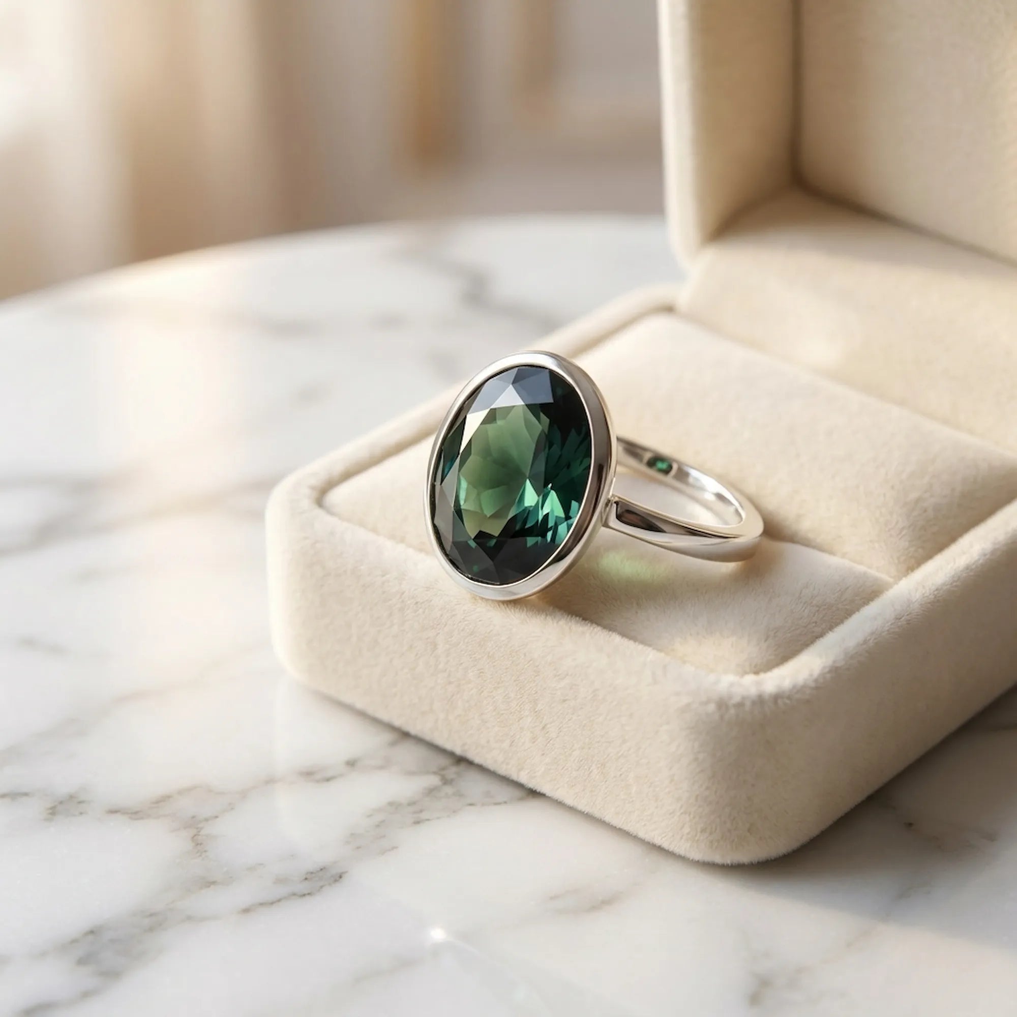 Close-up of the genuine London Blue Topaz stackable ring resting in a plush velvet box, highlighting the polished 925 sterling silver.