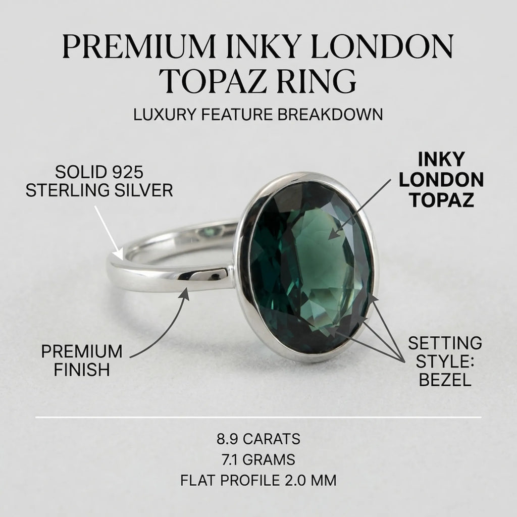 Infographic detailing the London Blue Topaz ring features, including solid 925 sterling silver, bezel setting, and 8.9 carat weight.