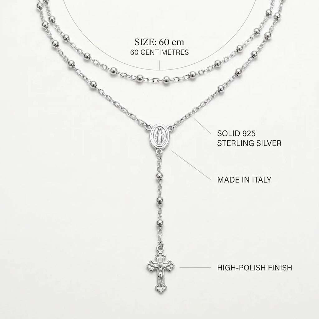 Annotated 60 cm silver rosary necklace showing 925 sterling silver, Italian origin, high-polish finish and crucifix.