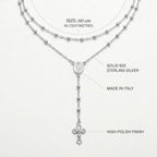 Annotated 60 cm silver rosary necklace showing 925 sterling silver, Italian origin, high-polish finish and crucifix.