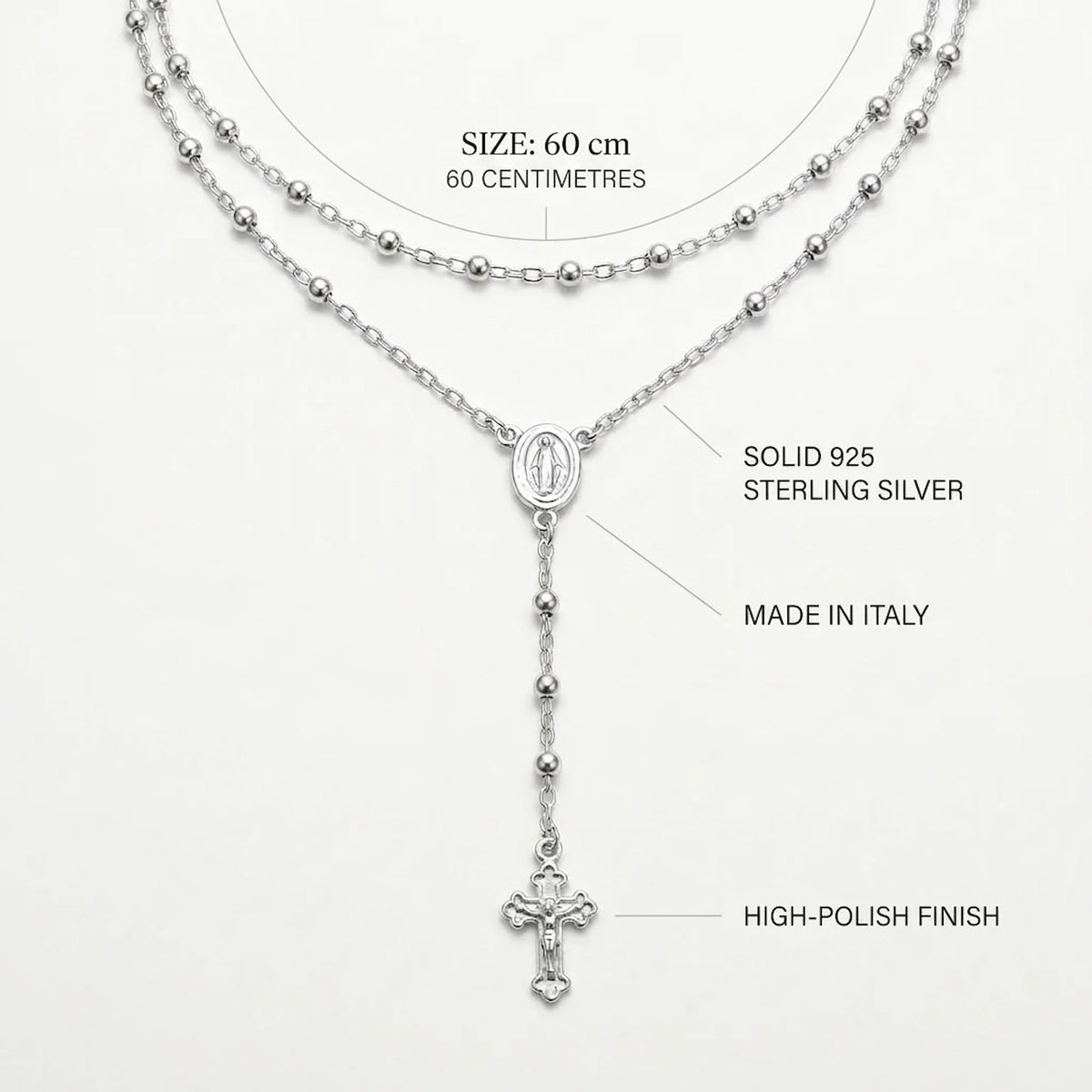 Annotated 60 cm silver rosary necklace showing 925 sterling silver, Italian origin, high-polish finish and crucifix.